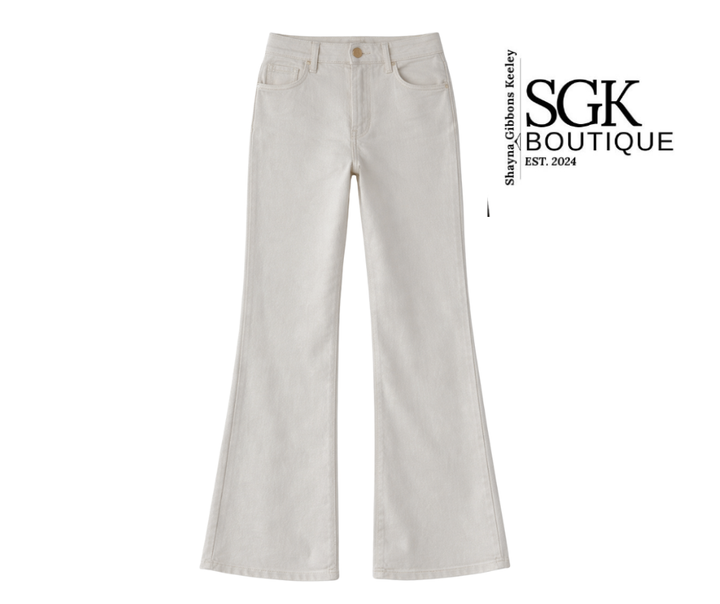 Smoke white wide-leg jeans on a white background with SGK Boutique branding.