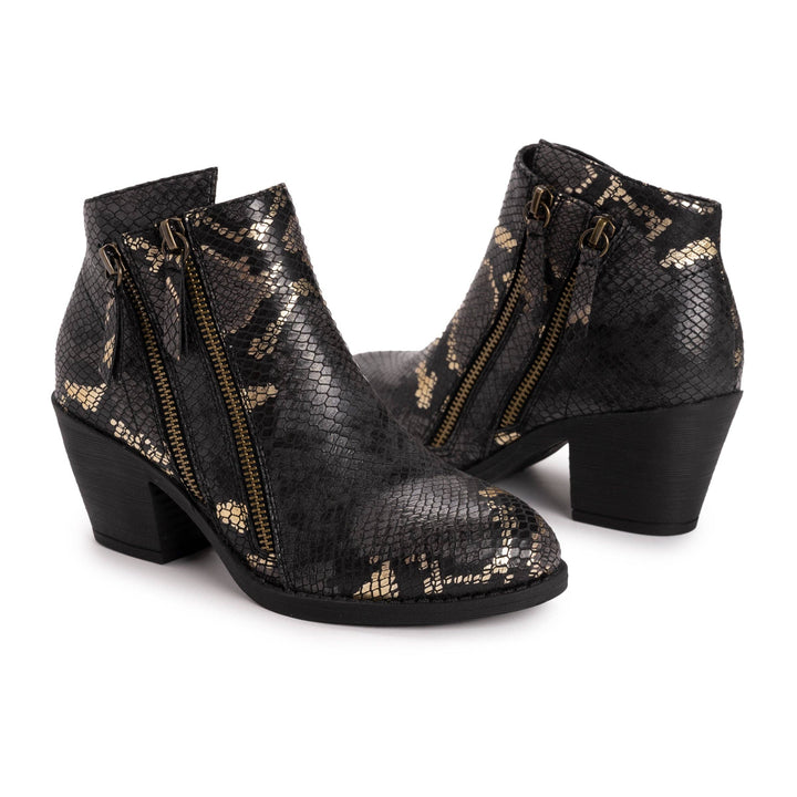 Black ankle boots with gold snake print on a white background