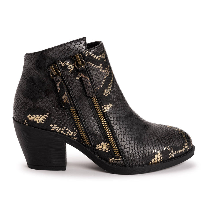 Black ankle boot with gold zipper and pattern on a white background