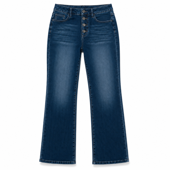A pair of dark blue denim jeans with a five-button fly, shown flat against a plain white background.