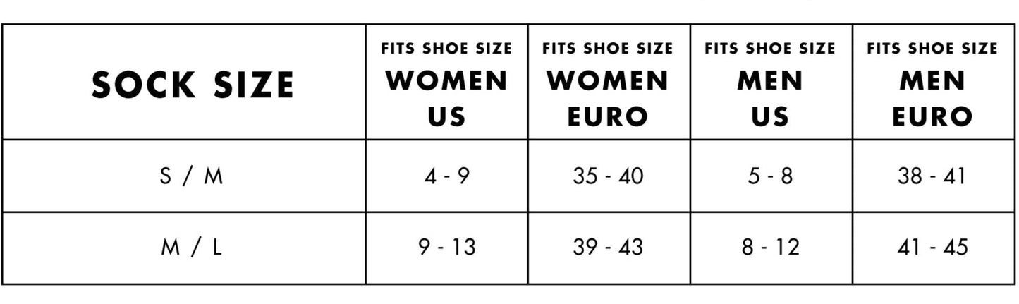 Pavilion unisex sock size chart on a white background