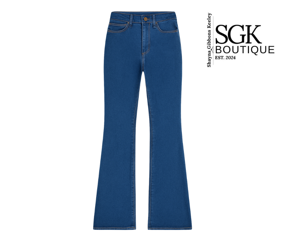 Blue jeans on a white background with SGK Boutique logo.