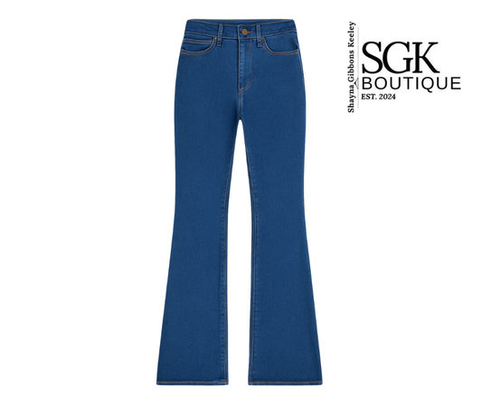 Blue jeans on a white background with SGK Boutique logo.