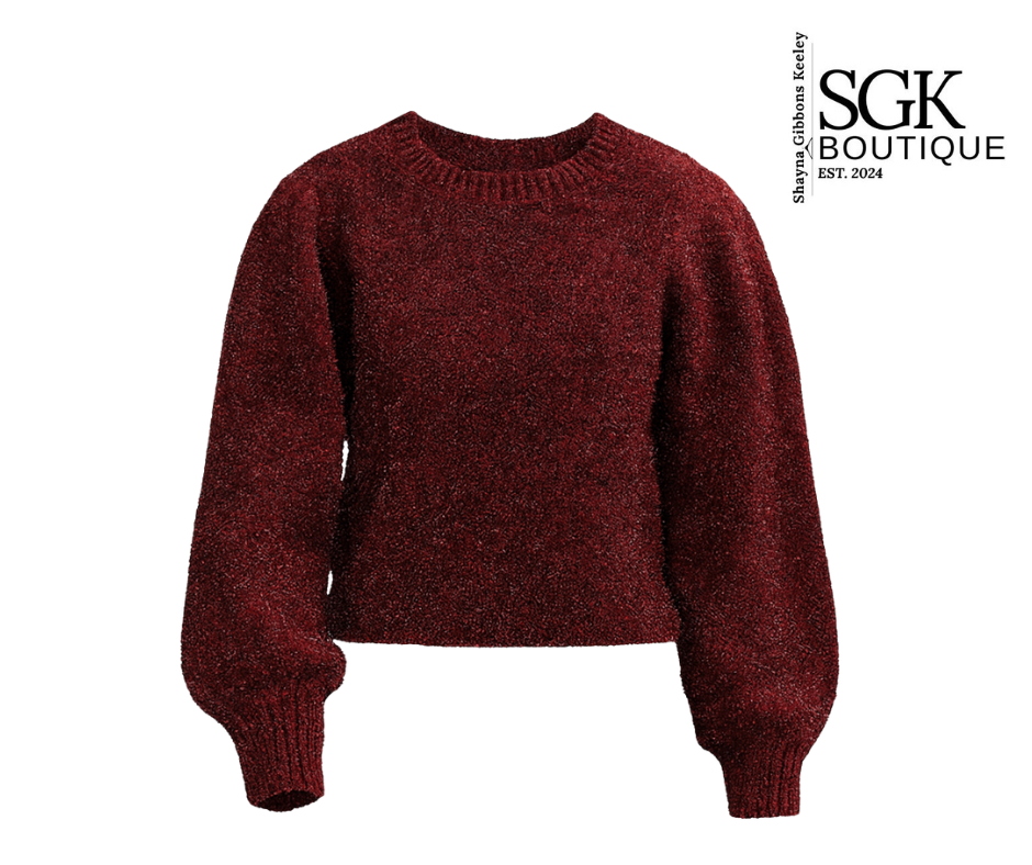 Maroon sweater on a white background with SGK Boutique logo.