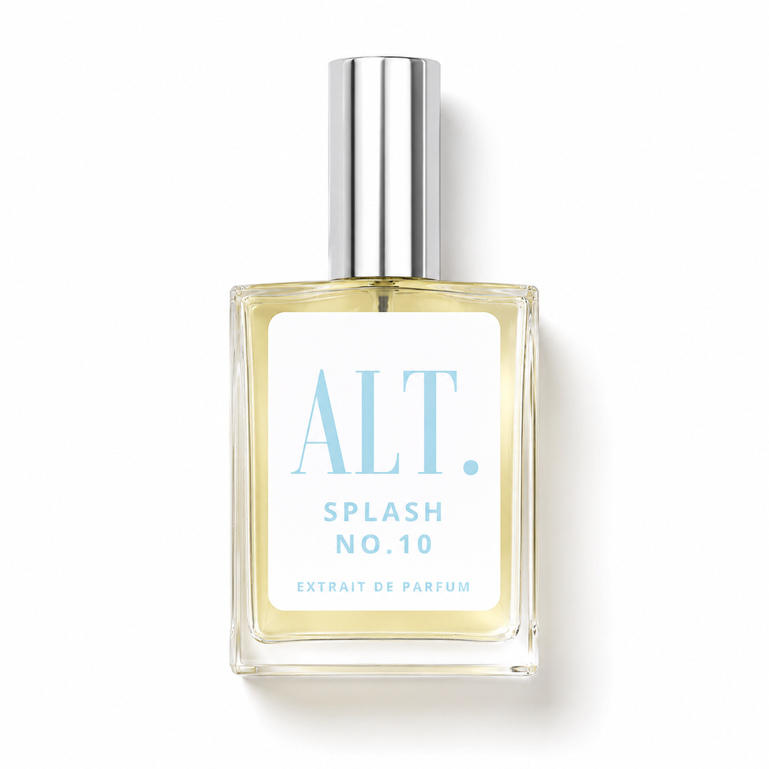 A square glass bottle of ALT. Splash No.