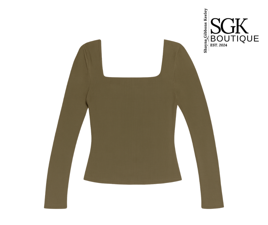 Olive long-sleeve top on a white background with SGK Boutique branding.