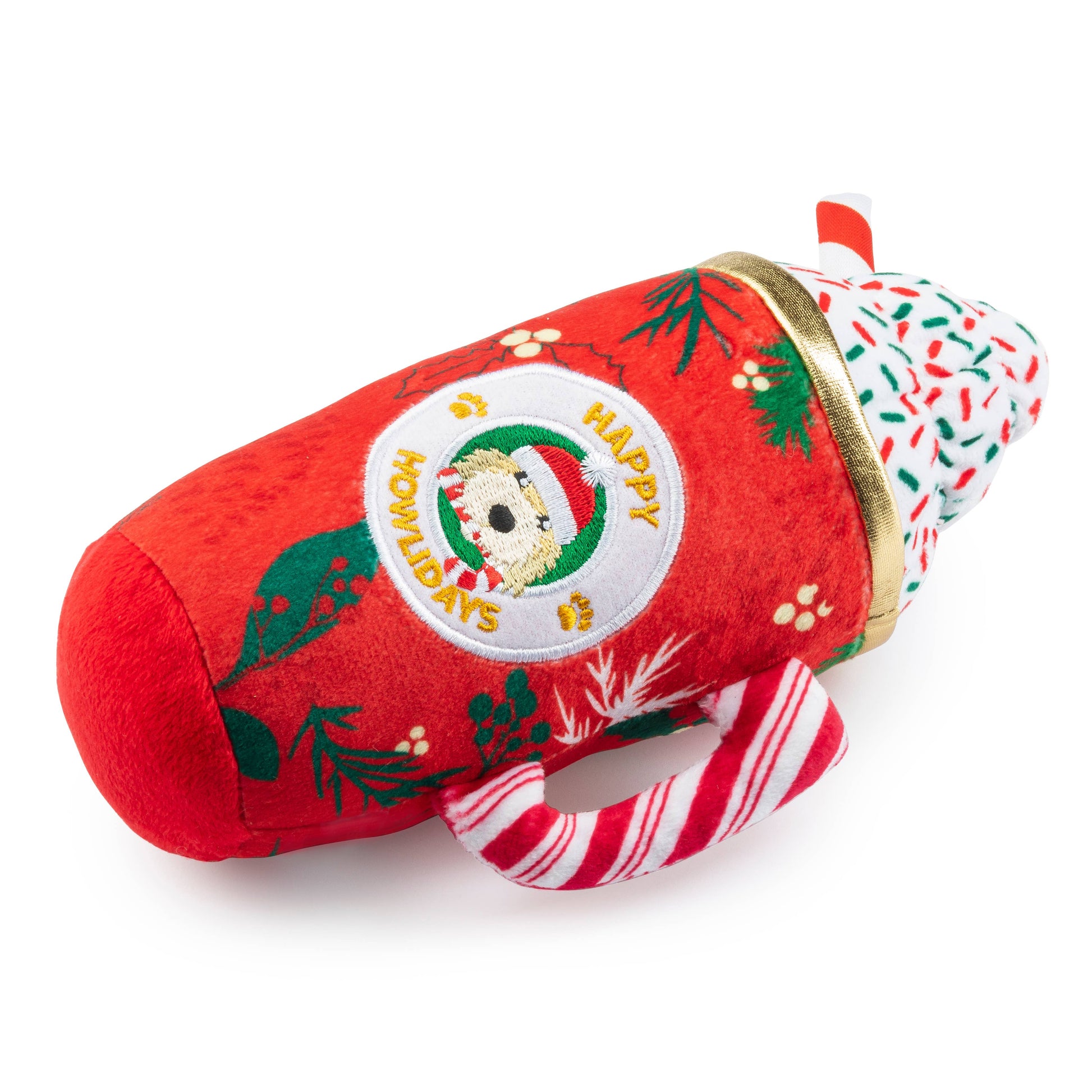 Red Christmas-themed plush toy with candy cane design on a white background