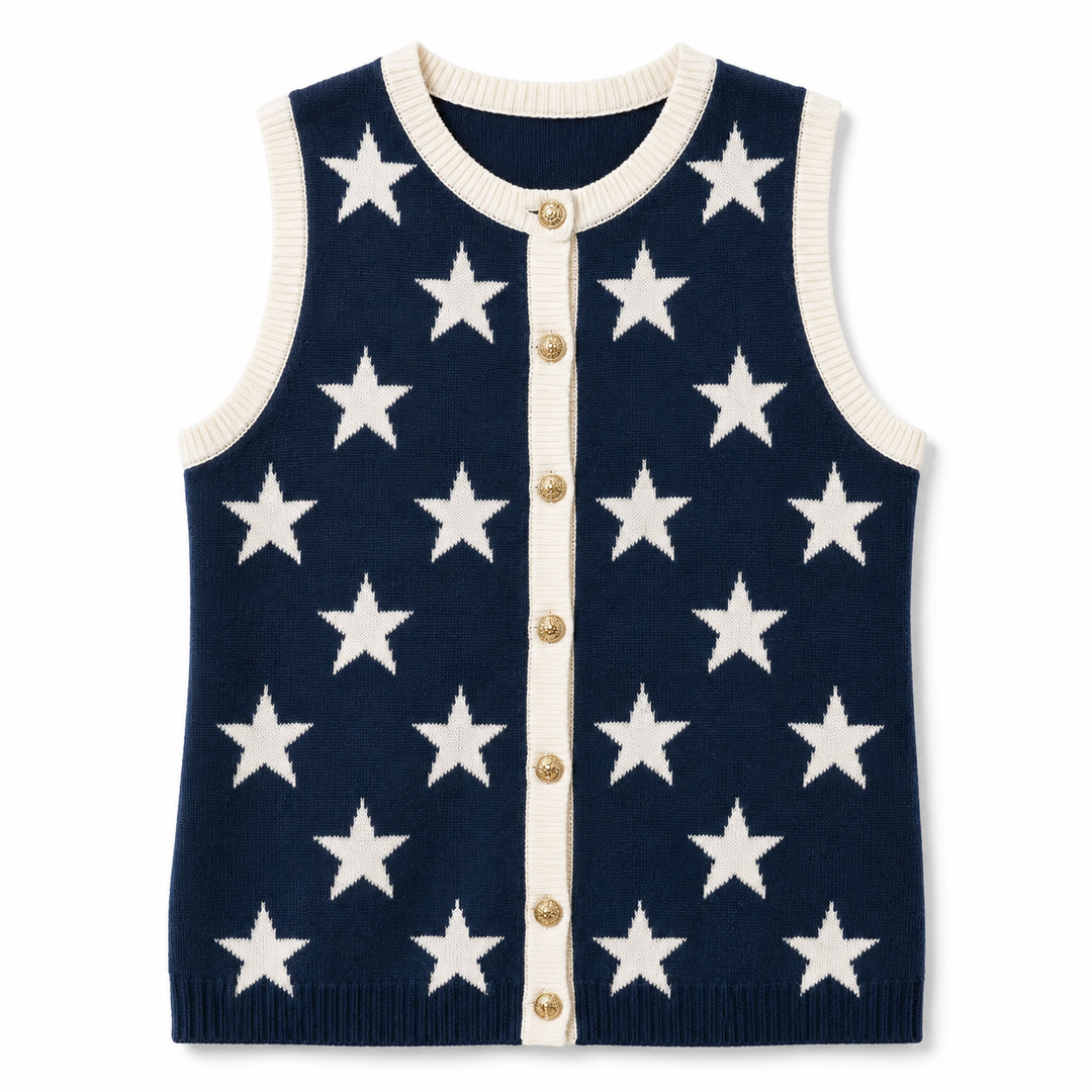 Navy blue vest with white star pattern on a white background