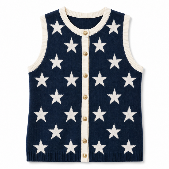 Navy blue vest with white star pattern on a white background
