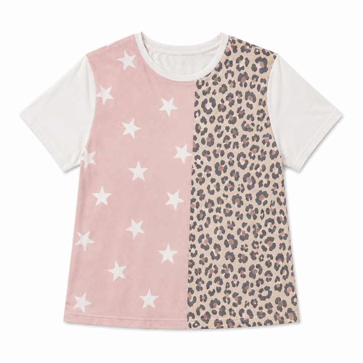 Two-piece outfit with pink star-patterned top and leopard print dress on a white background