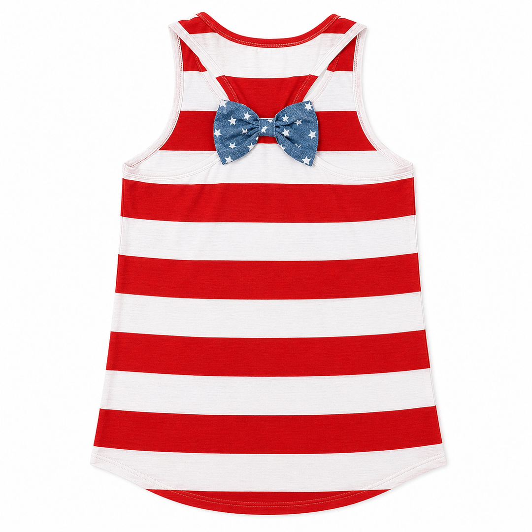 A sleeveless tank top with horizontal red and white stripes, featuring a blue bow tie with white stars at the neckline, shown on a plain white background.