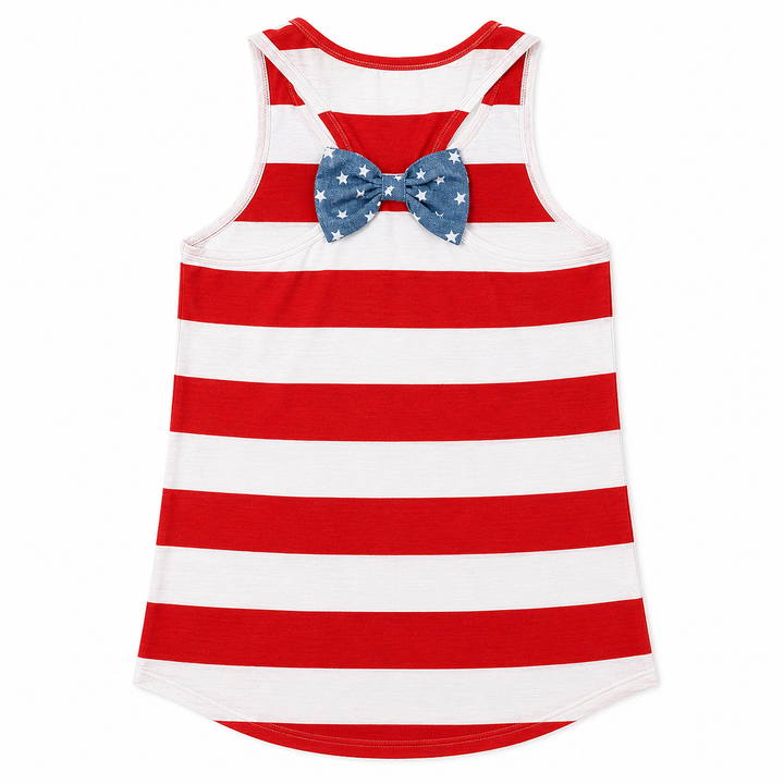 A sleeveless tank top with horizontal red and white stripes, featuring a blue bow tie with white stars at the neckline, shown on a plain white background.