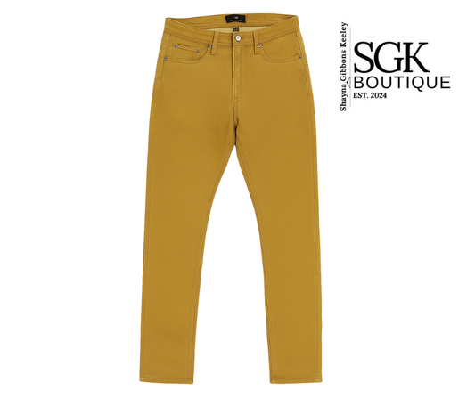 Tobacco jeans on a white background with SGK Boutique branding.