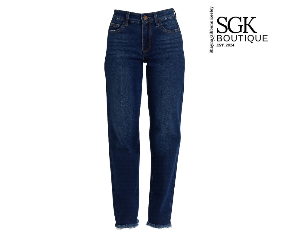 Blue jeans on a white background with SGK Boutique logo.