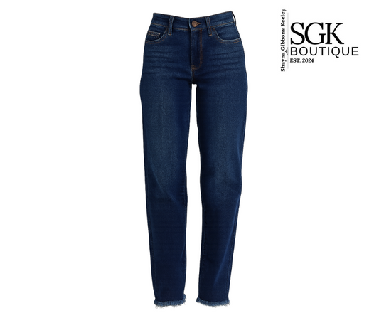 Blue jeans on a white background with SGK Boutique logo.