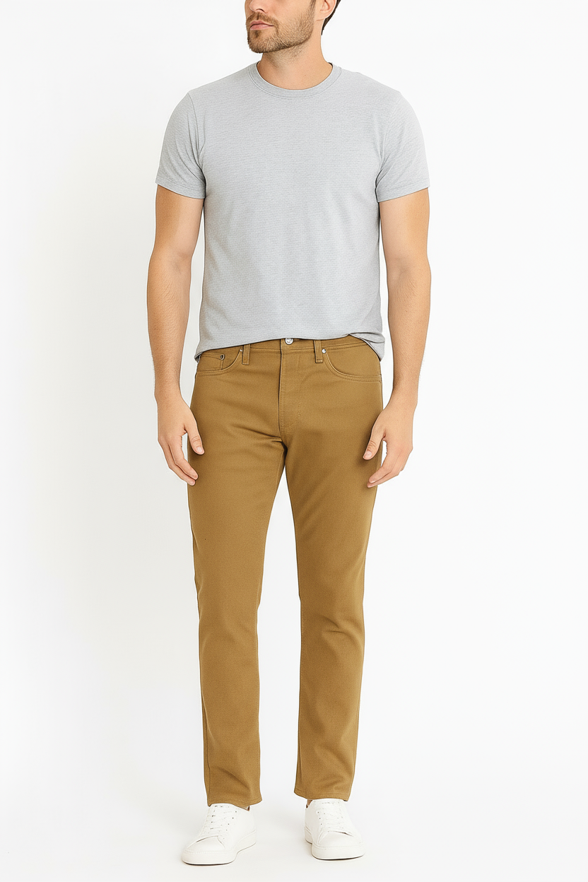 Man wearing a gray t-shirt and tan pants on a white background