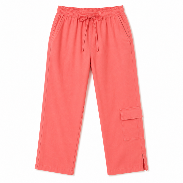 A pair of coral pink cargo pants with an elastic drawstring waist, side pockets, and a flap cargo pocket on one leg, shown flat on a white background.