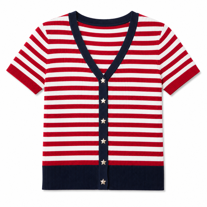Red, white, and blue striped cardigan with star buttons on a white background