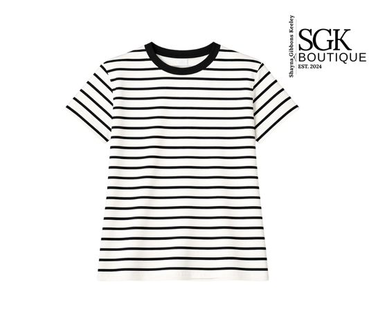 Black and white striped t-shirt on a white background with SGK Boutique logo.