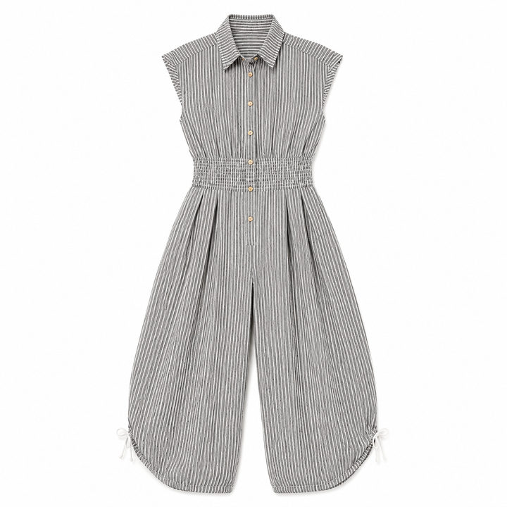 A sleeveless collared jumpsuit with vertical olive and ivory stripes, a button-up front, a smocked waist, and wide legs, shown on a plain white background.
