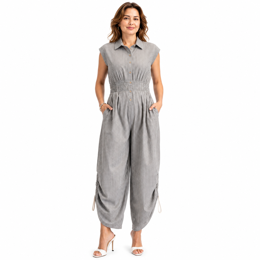 A woman modeling an olive and ivory vertically striped sleeveless jumpsuit with a button-up front, side pockets, and gathered legs, shown against a plain white background.