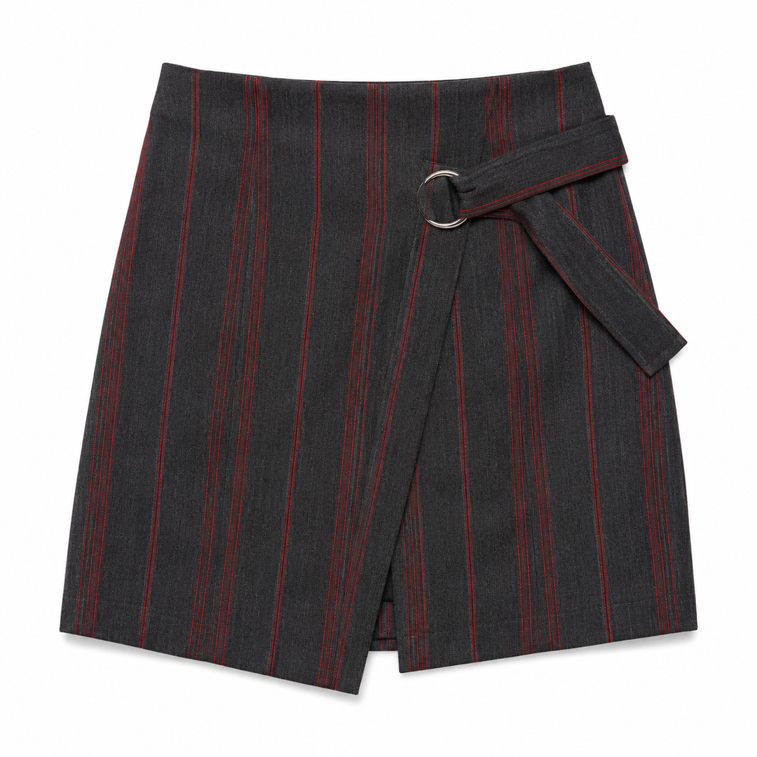 A dark gray wrap skirt with thin red vertical pinstripes and a matching tie belt featuring a silver metal ring, shown on a plain white background.