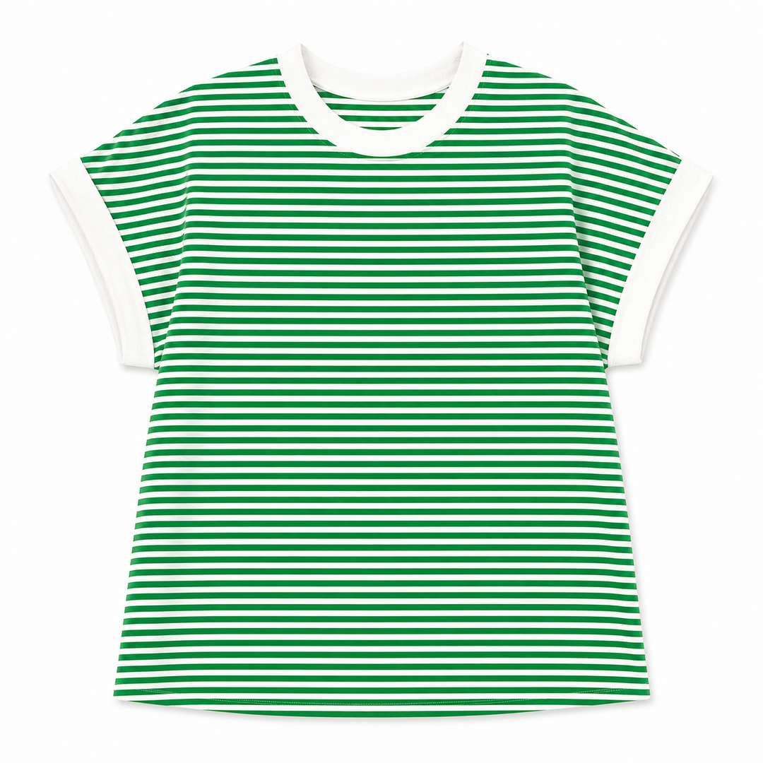 Green and white striped t-shirt on a white background