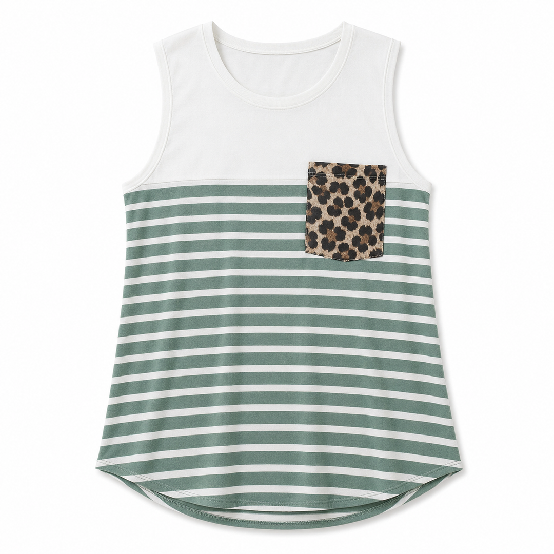 Green and white striped tank top with a leopard print pocket on a white background