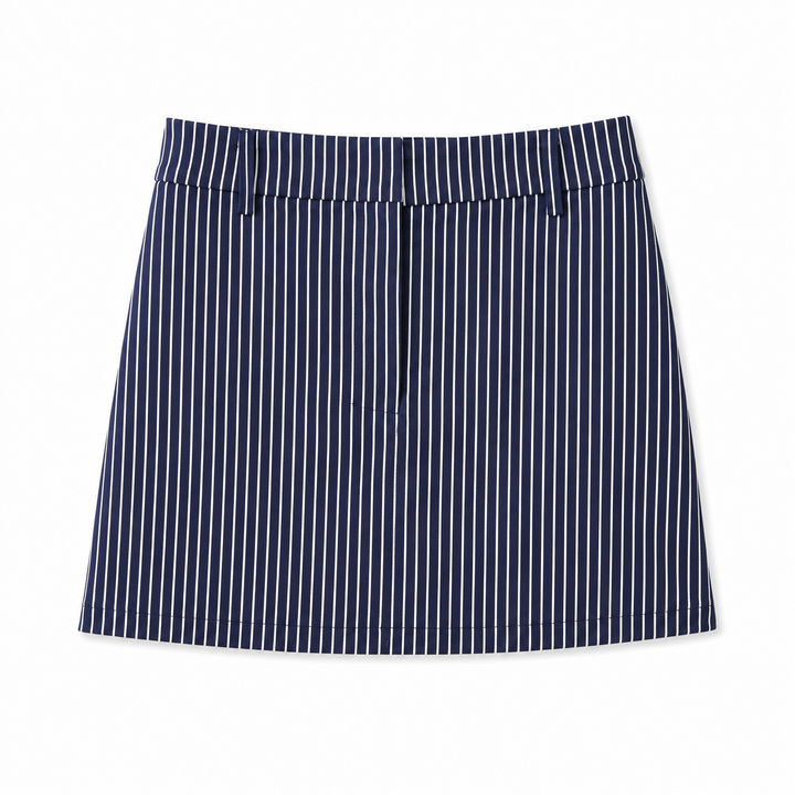 Navy and white striped skirt on a white background