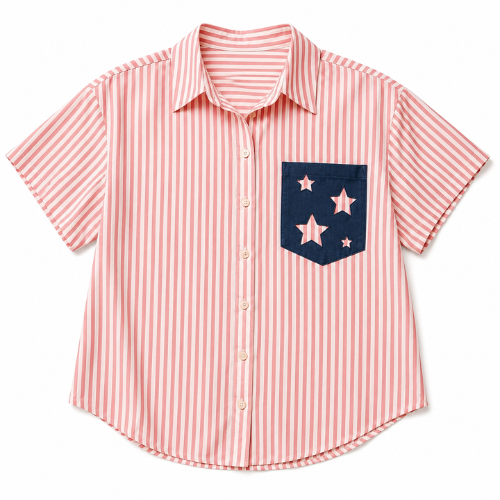 A short-sleeve button-up shirt with vertical pink and white stripes, featuring a navy blue chest pocket decorated with pink stars.