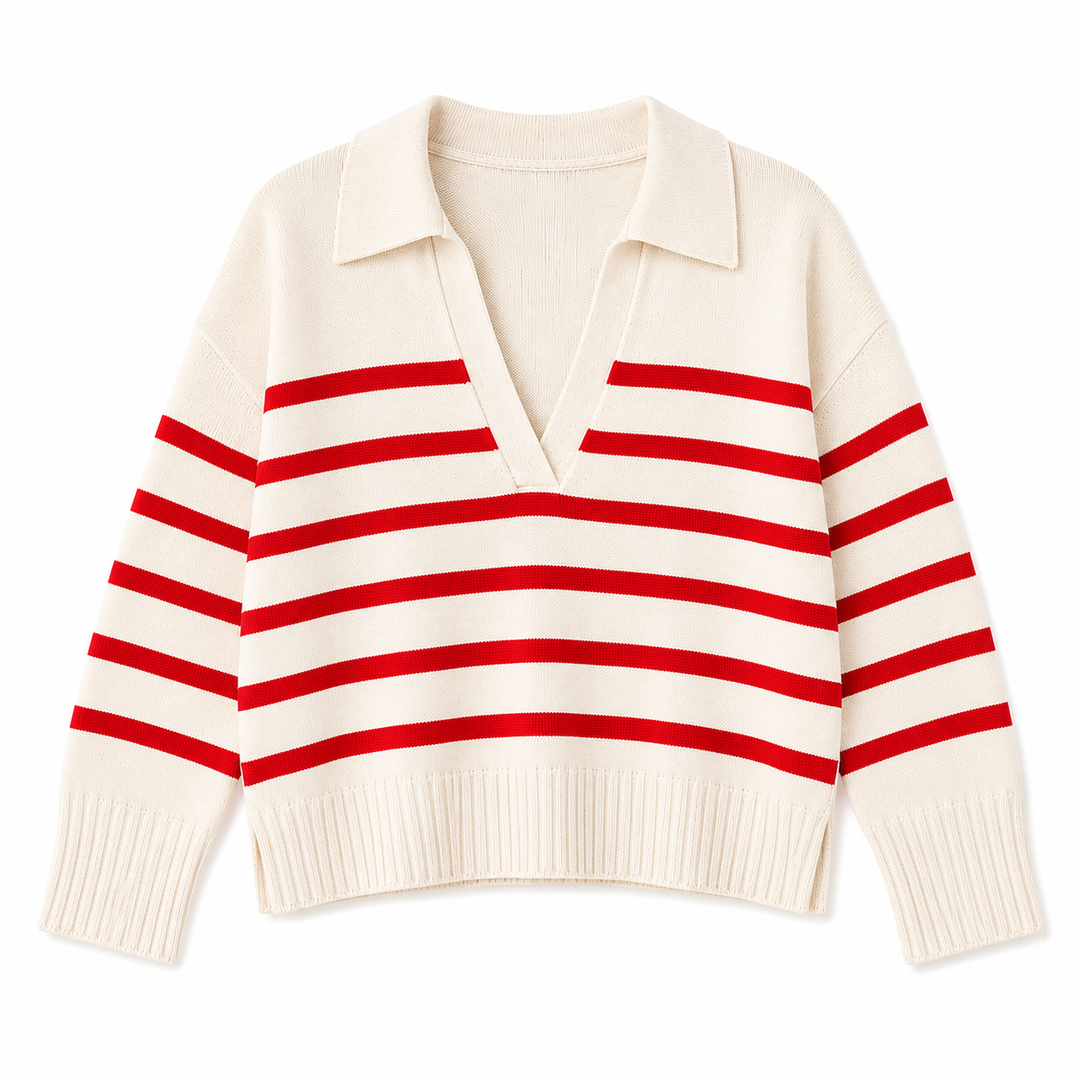 White sweater with red horizontal stripes on a white background
