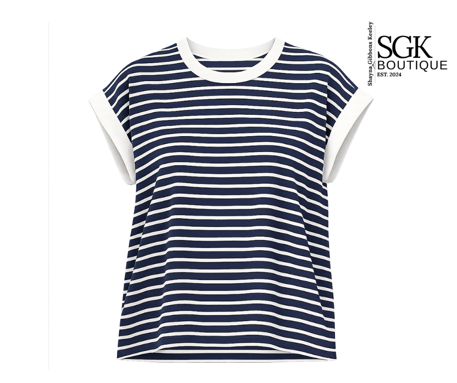 Navy and white striped t-shirt with white trim on a white background, featuring SGK Boutique logo.
