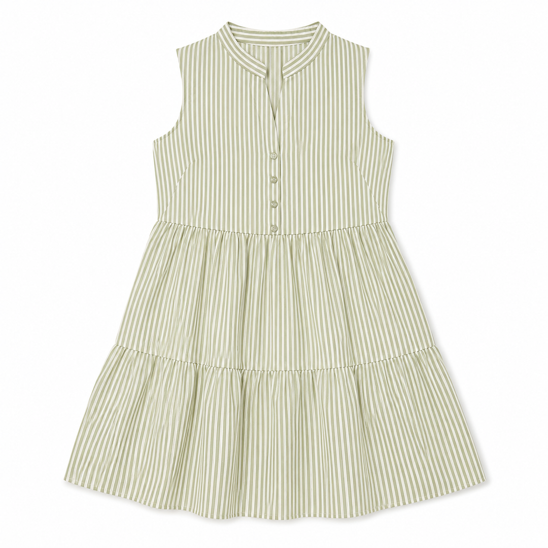 A sleeveless tiered dress with a vertical stripe pattern in sage green and white, featuring a buttoned neckline and a gathered waist.