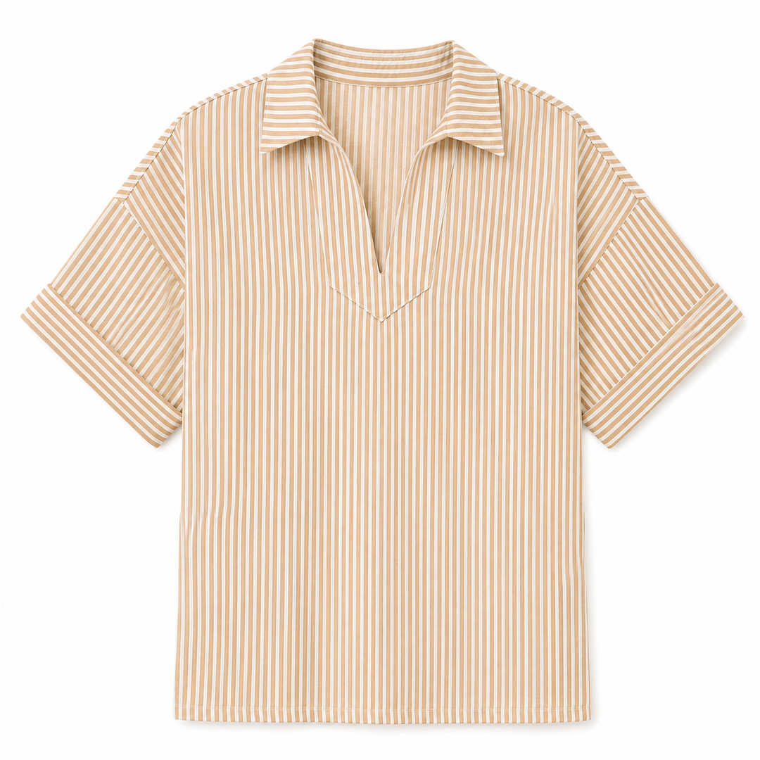 A short-sleeve collared shirt with vertical beige and white stripes, featuring a split V-neckline, laid flat against a white background.