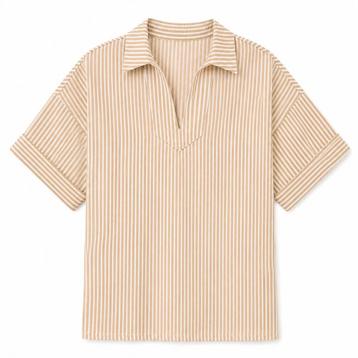 A short-sleeve collared shirt with vertical beige and white stripes, featuring a split V-neckline, laid flat against a white background.