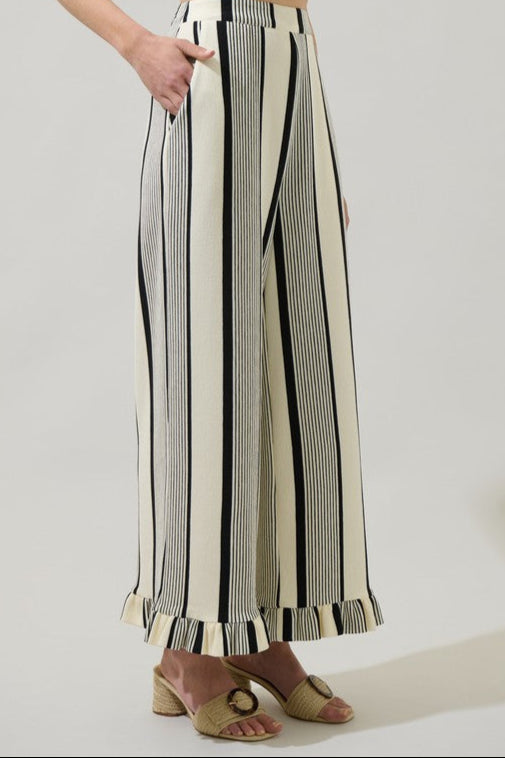 Person wearing a pair of striped pants on a plain background