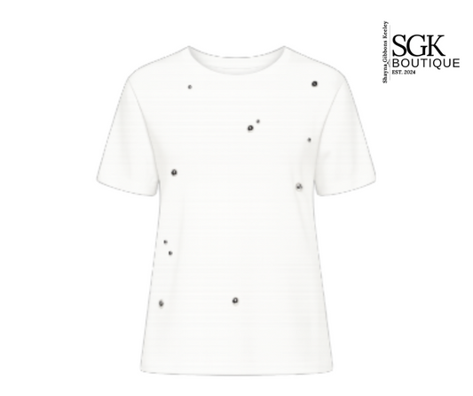 White t-shirt with black buttons on a white background, featuring SGK Boutique logo.