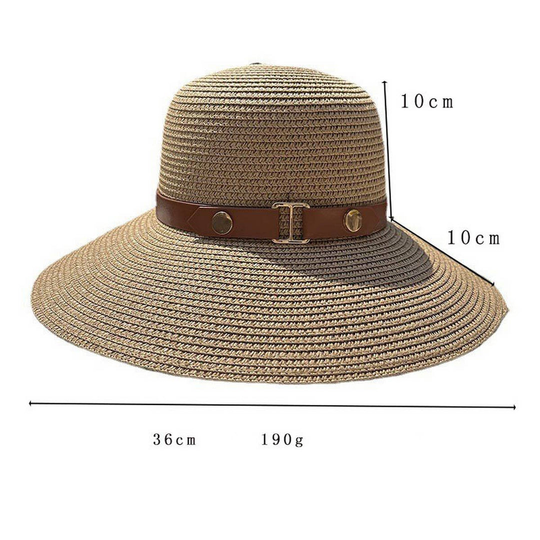 Beige straw hat with brown belt and measurements on a white background