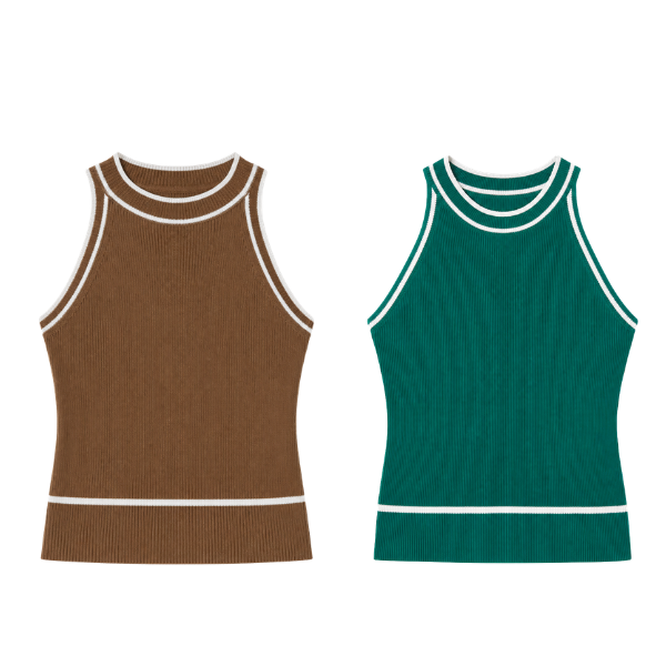 Brown and green sleeveless knitted tops on a white background