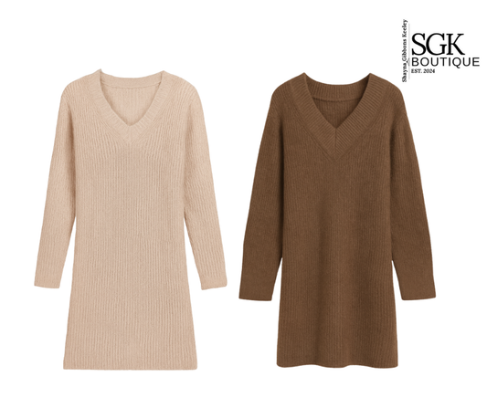 Two ribbed knit dresses, one beige and one brown, on a white background with SGK Boutique logo.