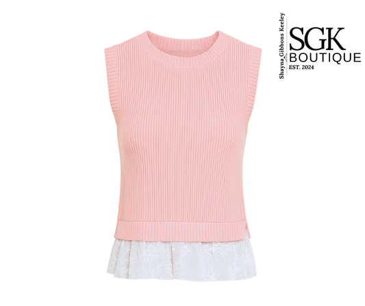 Pink sleeveless top with white hem on a white background, featuring SGK Boutique logo.