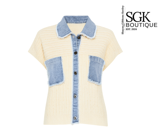 Beige shirt with denim collar and patchwork design on a white background, featuring SGK Boutique logo.