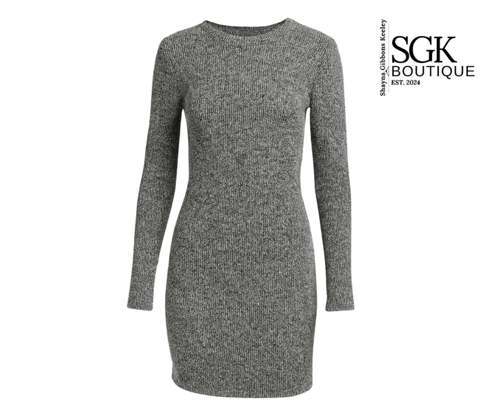 Gray knit dress on a white background with SGK Boutique logo.