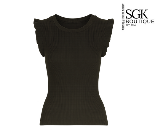 Black sleeveless top with ruffled shoulders on a white background, branded with SGK Boutique.