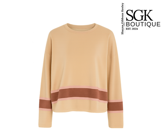 Beige sweater with brown accents on a white background, featuring SGK Boutique logo.