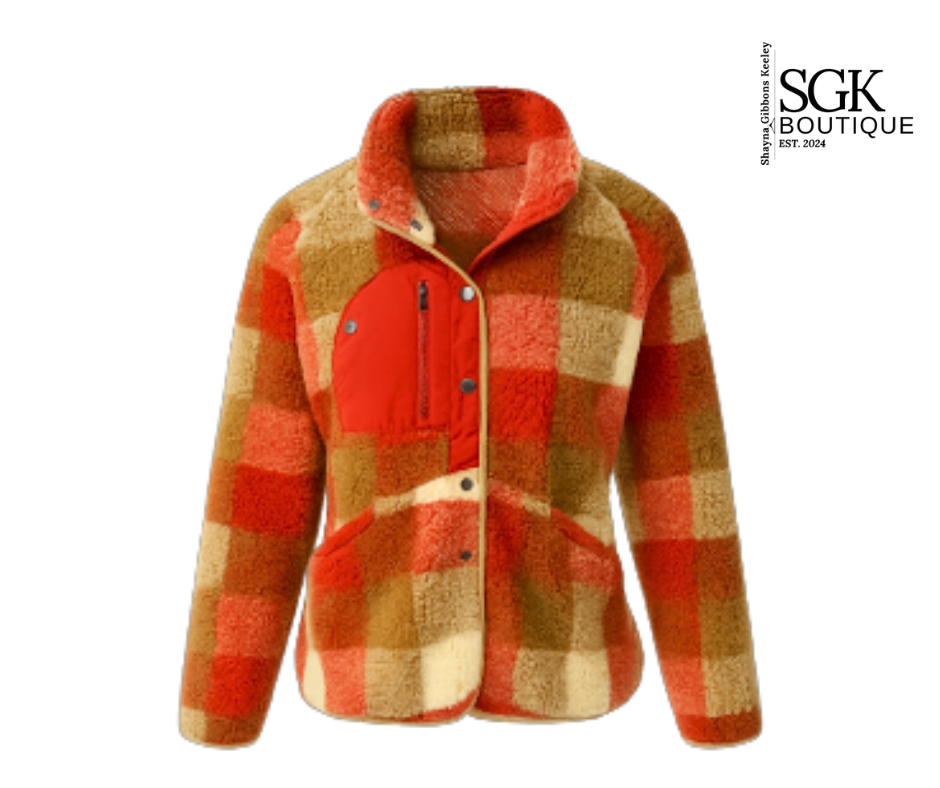 Plaid jacket with red and brown pattern on a white background, featuring SGK Boutique logo.