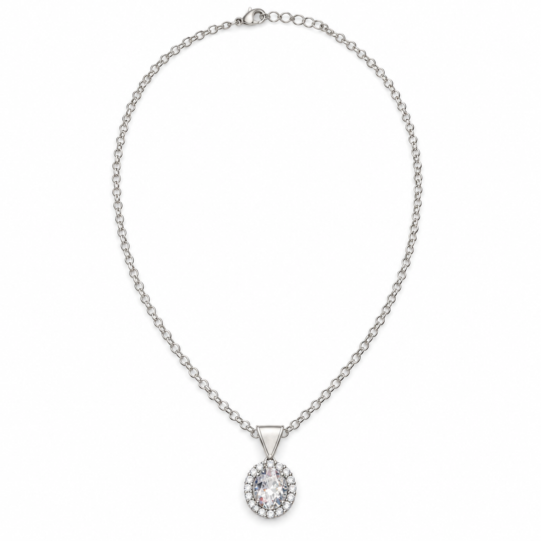 A silver-tone chain necklace with a round halo pendant set with clear gemstones, displayed on a clean white background.