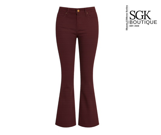 Maroon flared pants on a white background with SGK Boutique logo.