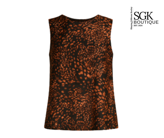 Sleeveless top with brown and black pattern on a white background, featuring SGK Boutique logo.