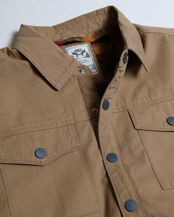 Close-up of a brown jacket with buttons and a visible brand label on a light gray background